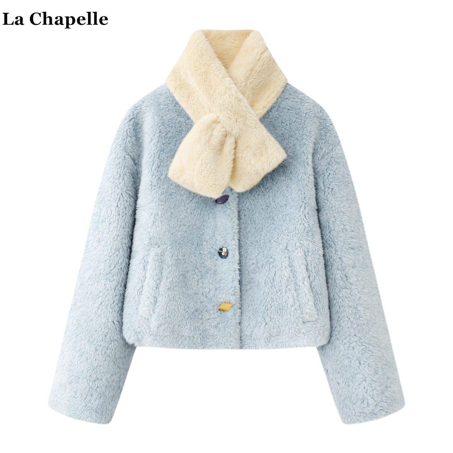 拉夏贝尔/La Chapelle小香风带围巾夹棉外套女冬季新款羊羔毛上衣