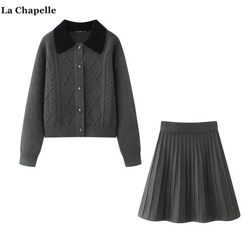 拉夏贝尔/La Chapelle2026早春翻领针织开衫miu系短裙针织套装女