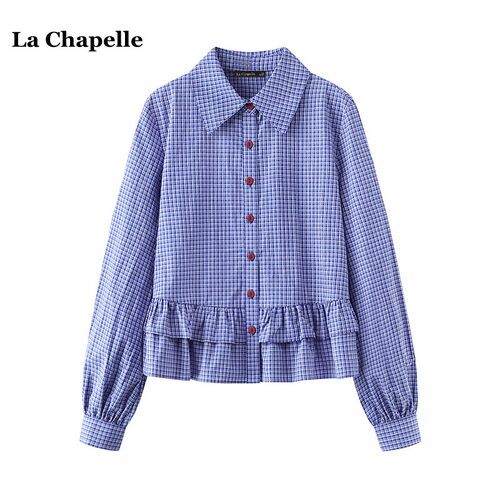 拉夏贝尔/La Chapelle荷叶边格子衬衫女春季新款小个子miu系衬衣