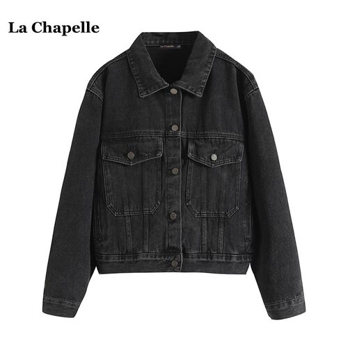 拉夏贝尔/La Chapelle慵懒复古黑灰色牛仔外套女春秋新款宽松夹克