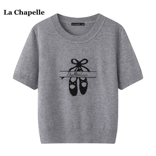 拉夏贝尔/La Chapelle灰色字母提花短袖针织衫女春夏新款气质上衣