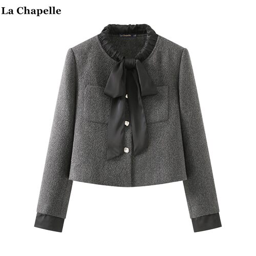拉夏贝尔/La Chapelle小香风蝴蝶结夹棉短外套女秋冬新款灰色上衣