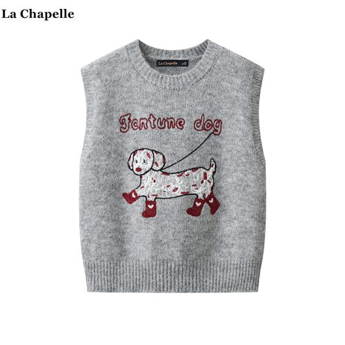 拉夏贝尔/La Chapelle字母小狗刺绣针织马甲背心女秋冬款叠穿坎肩