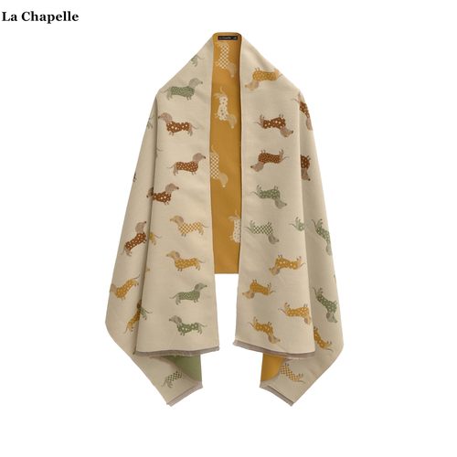 拉夏贝尔/La Chapelle学院风双面卡通提花围巾女秋冬新款保暖披风