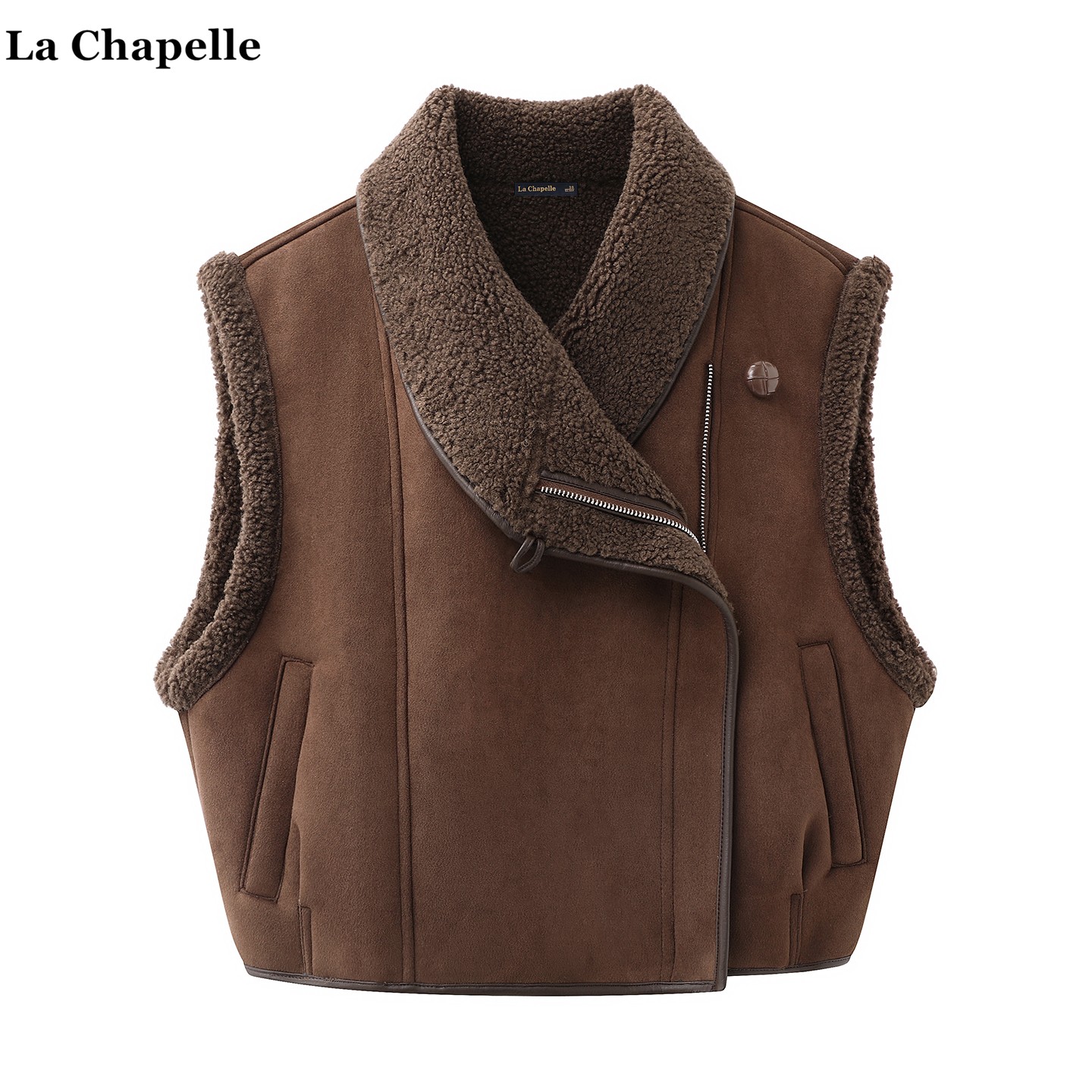 拉夏贝尔/La Chapelle复古麂皮绒马甲外套女秋冬款羊羔毛坎肩上衣