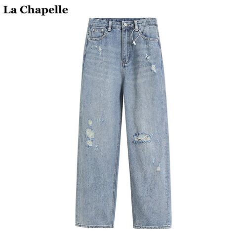 拉夏贝尔/La Chapelle高腰显瘦水洗破洞彩砂休闲牛仔裤女直筒长裤