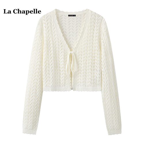 拉夏贝尔/La Chapelle法式V领镂空针织衫女春夏款款薄款外搭开衫