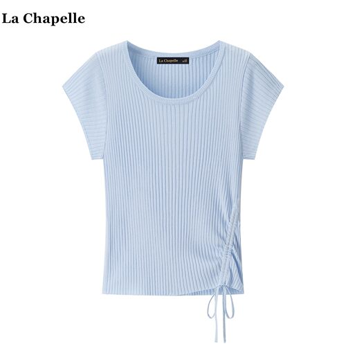 拉夏贝尔/La Chapelle抽绳收腰短袖针织衫女夏季新款修身显瘦上衣