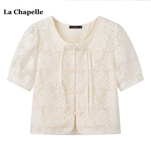 拉夏贝尔/La Chapelle夏季新中式国风盘扣精致蕾丝上衣短袖衬衫女