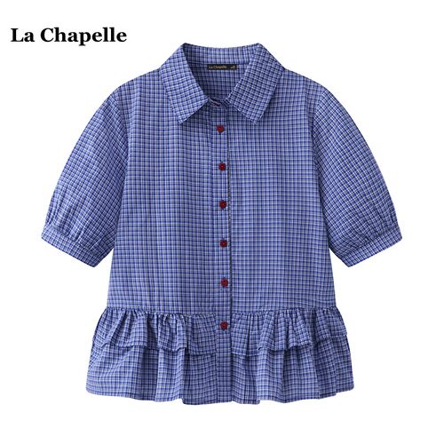 拉夏贝尔/La Chapelle荷叶边短袖衬衫女夏季新款miu系格子衬衣潮