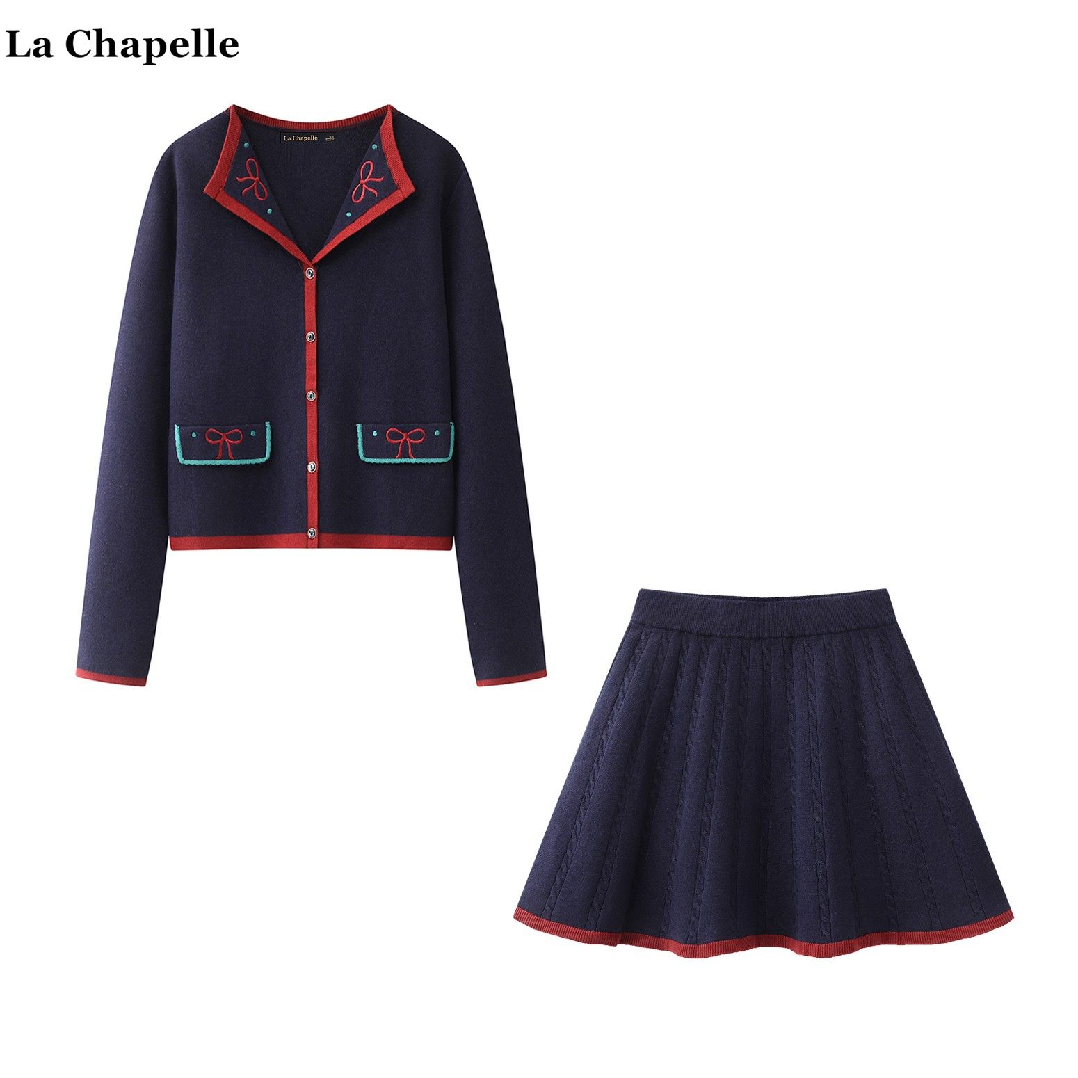 拉夏贝尔/La Chapelle春季韩系蝴蝶刺绣针织开衫高腰半身裙套装女,女装/女士精品,时尚套装,淘宝优惠券,粉丝福利购,淘宝优惠卷