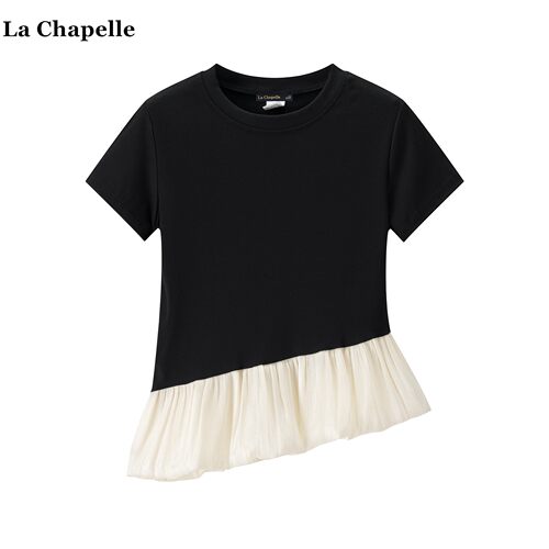 拉夏贝尔/La Chapelle韩系拼接短袖T恤女夏季新款小众荷叶边上衣