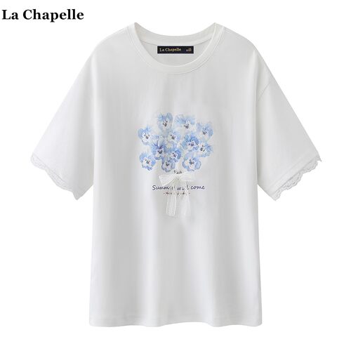 拉夏贝尔/La Chapelle花朵印花短袖T恤女春夏新款蕾丝蝴蝶结上衣