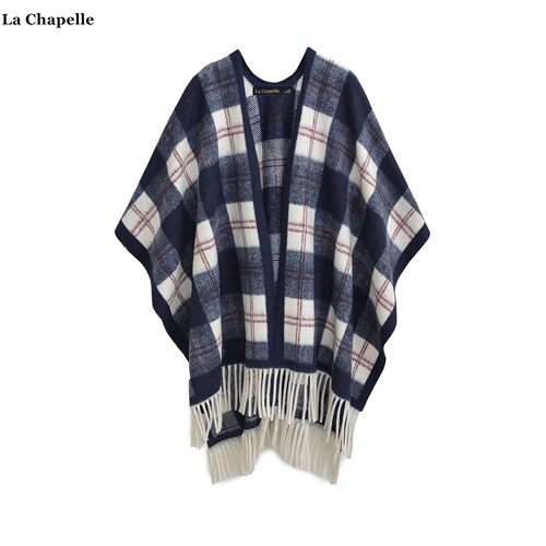 拉夏贝尔/La Chapelle慵懒风叠穿外搭针织披肩围巾女格子流苏披风