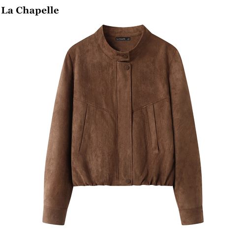 拉夏贝尔/La Chapelle复古麂皮绒立领外套女春秋新款宽松百搭夹克
