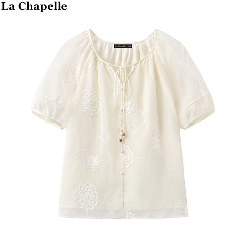 拉夏贝尔/La Chapelle韩版圆领系带短袖衬衫女夏季百搭蕾丝衫上衣