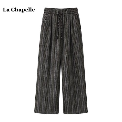 拉夏贝尔/La Chapelle冬季新款松紧腰直筒休闲裤女高腰条纹阔腿裤