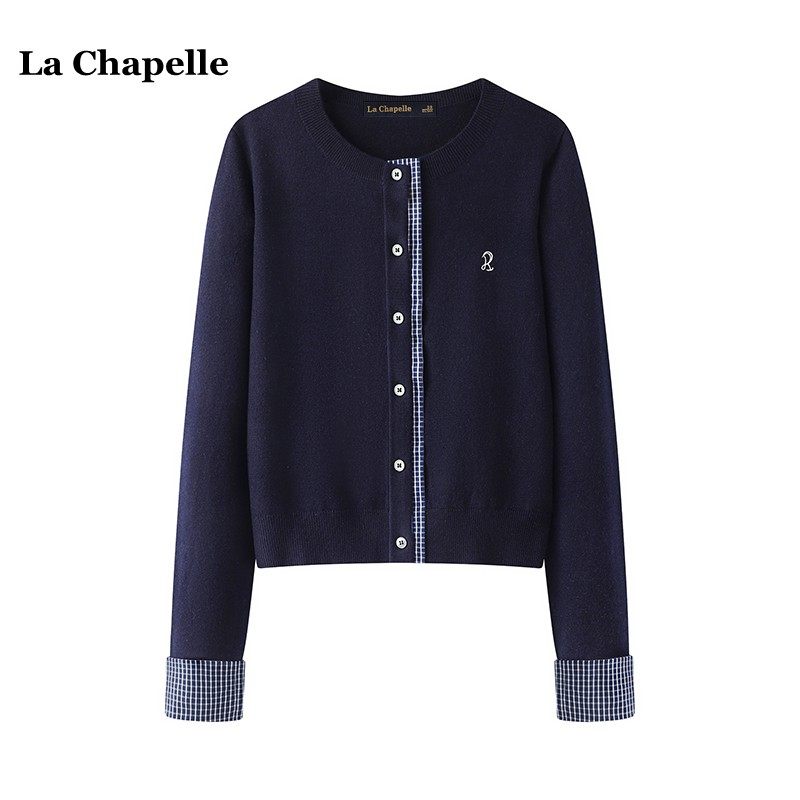 拉夏贝尔/La Chapelle格子拼接圆领针织衫女春季新款刺绣开衫上衣
