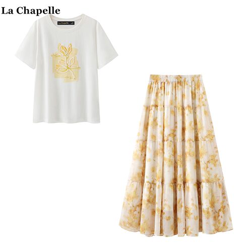 拉夏贝尔/La Chapelle法式印花宽松短袖T恤高腰碎花半身裙套装女