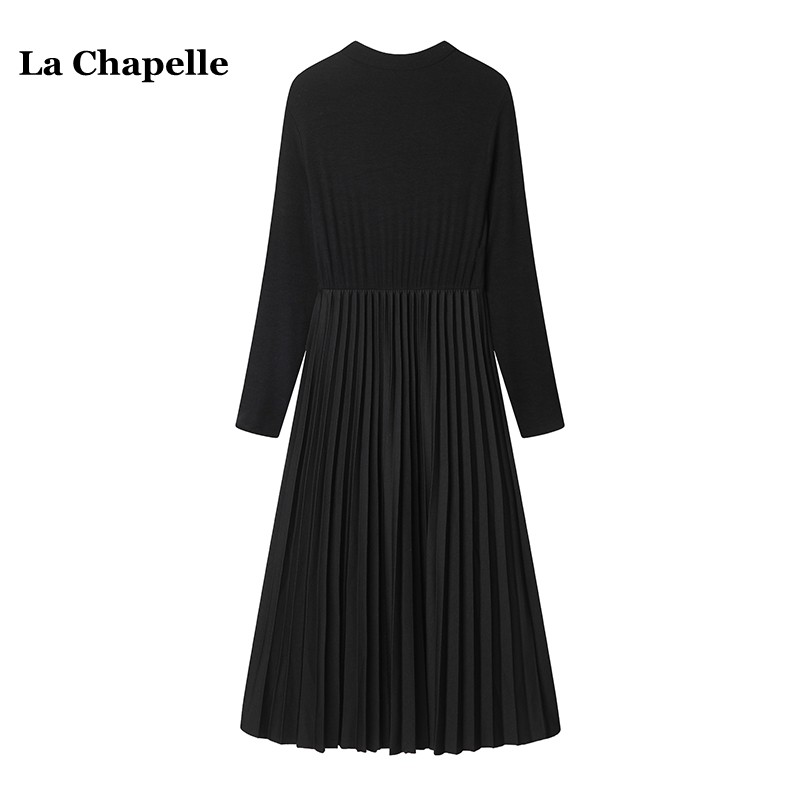 拉夏贝尔/La Chapelle针织拼接长袖连衣裙女秋季赫本风收腰百褶裙
