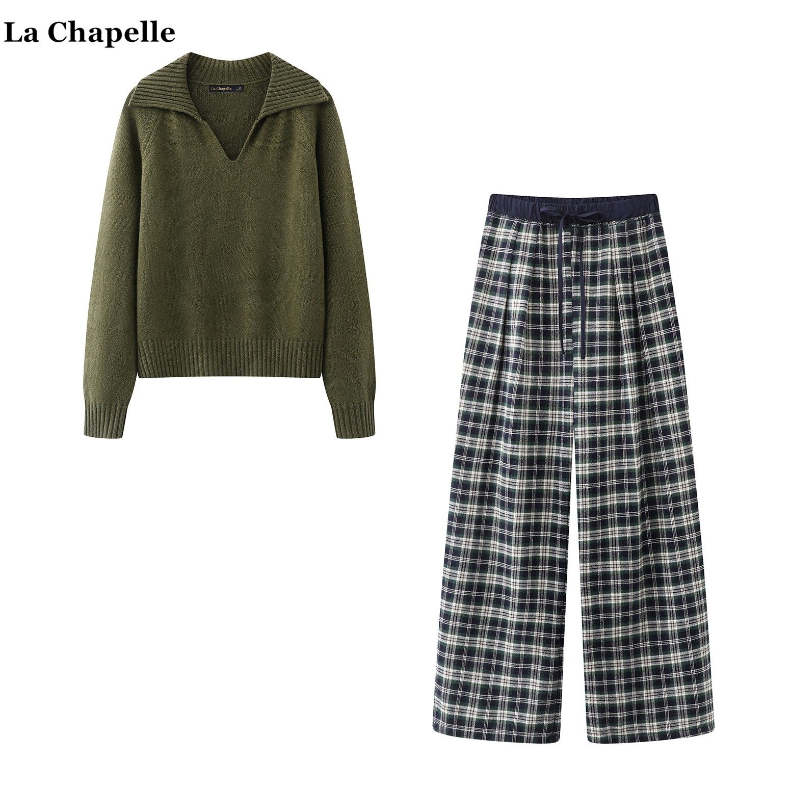 拉夏贝尔/La Chapelle复古polo领针织衫加绒格子阔腿裤女俩件套女