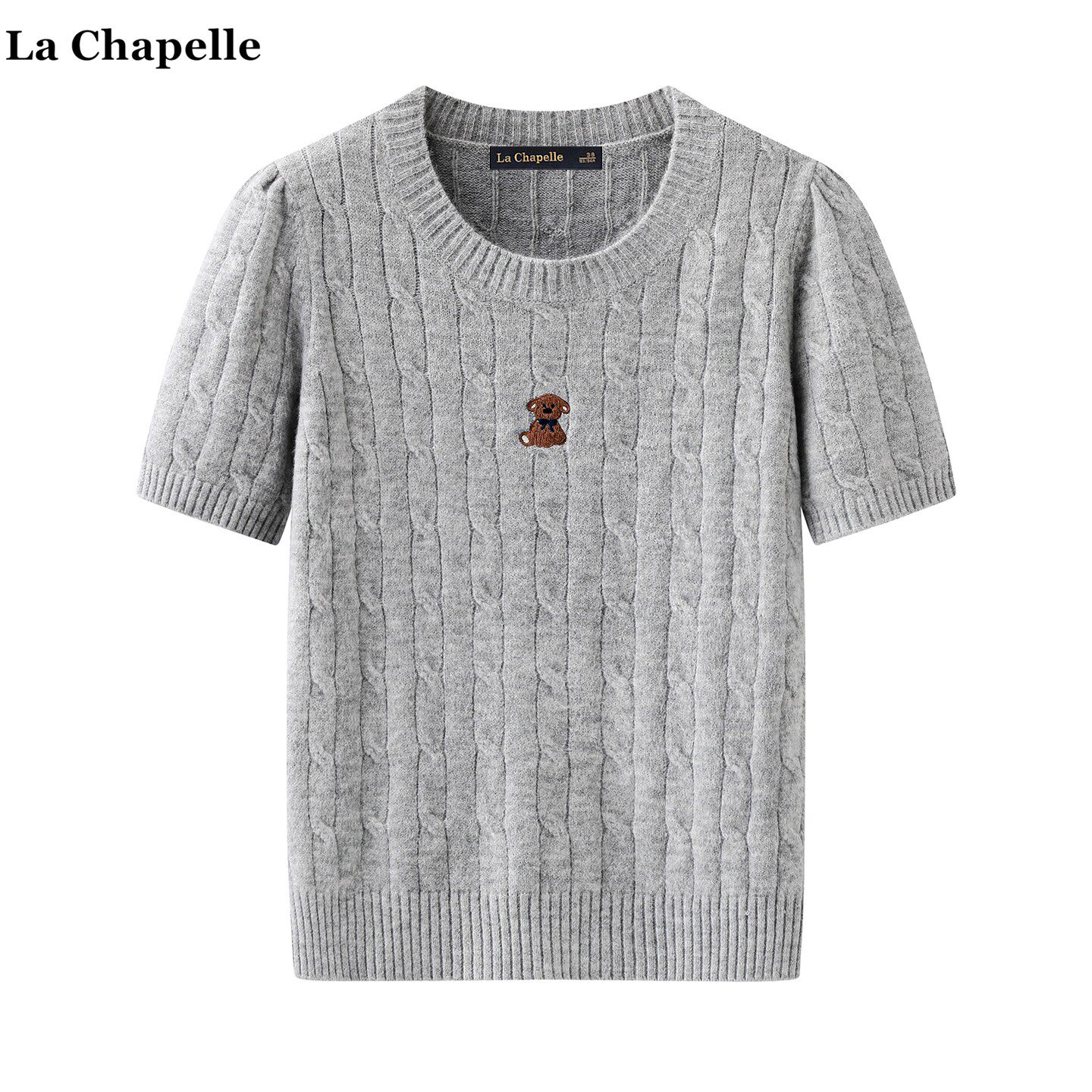 拉夏贝尔/La Chapelle卡通刺绣麻花短袖针织衫女春夏新款灰色上衣