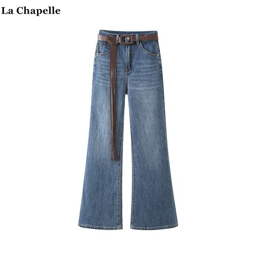 拉夏贝尔/La Chapelle复古配腰带牛仔阔腿裤女高腰休闲直筒微喇裤