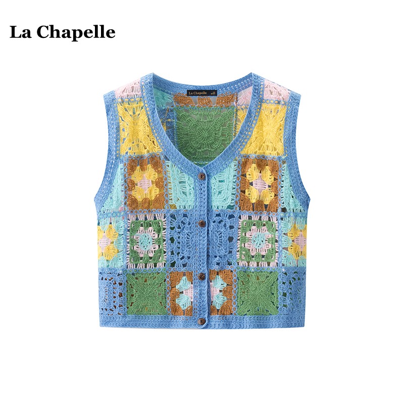 拉夏贝尔/La Chapelle复古拼色钩花镂空马甲女夏季单排扣开衫上衣
