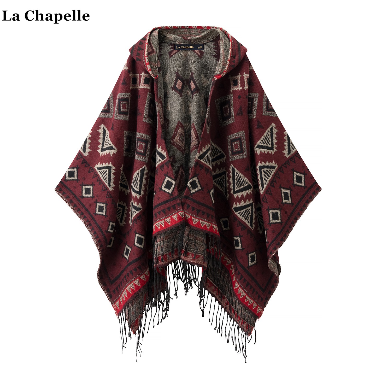 拉夏贝尔/La Chapelle民族风印花针织开衫女旅游宽松连帽斗篷披肩