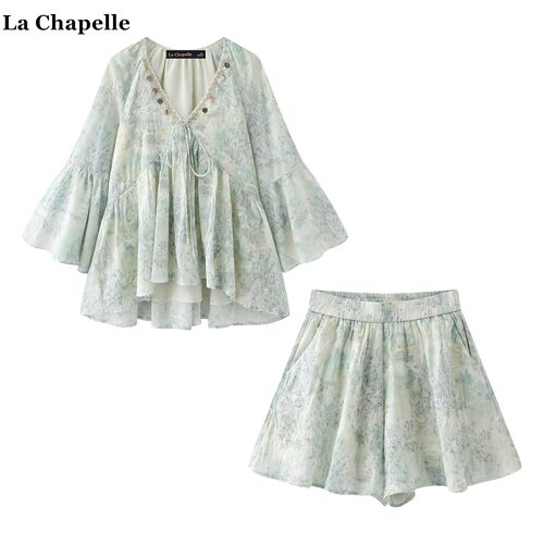 拉夏贝尔/La Chapelle波西米亚碎花v领衬衫高腰短裤度假风套装女