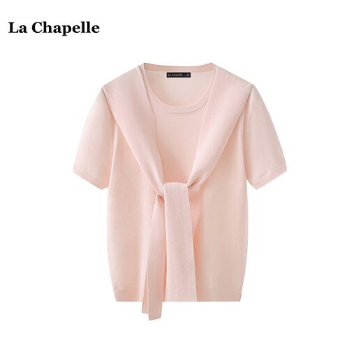 拉夏贝尔/La Chapelle百搭洋气圆领披肩针织衫女夏季新款短袖上衣
