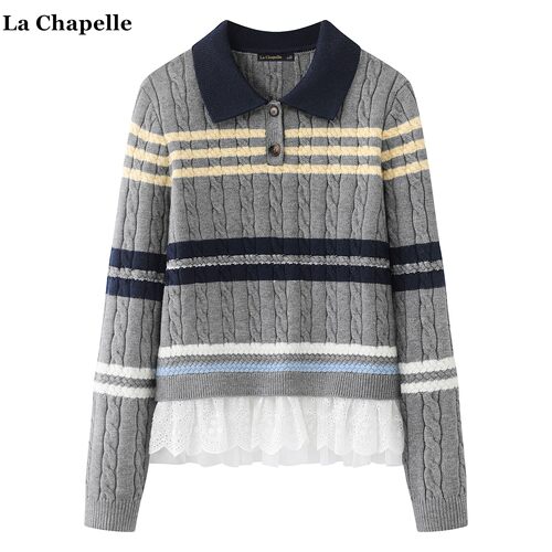 拉夏贝尔/La Chapelle网纱荷叶边拼接针织衫女秋冬款翻领条纹毛衣