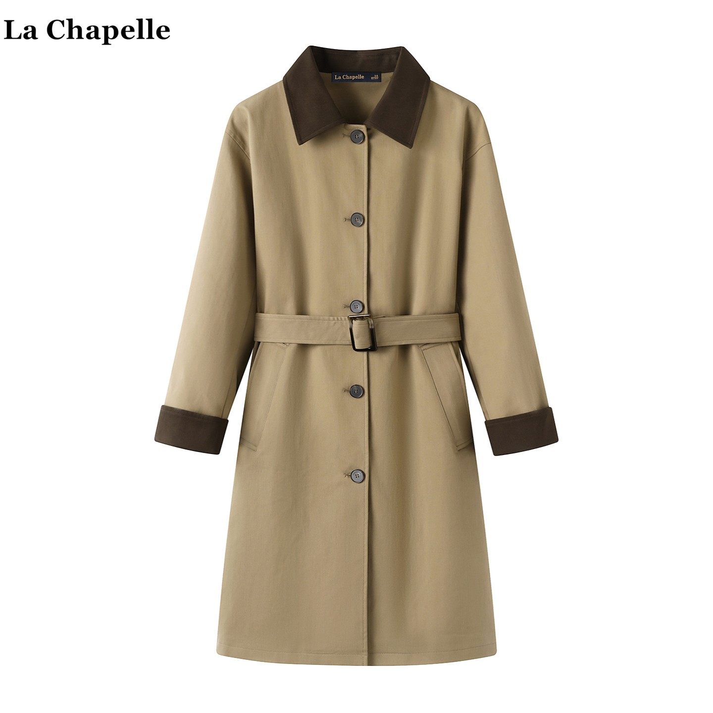 拉夏贝尔/La Chapelle巴恩风撞色翻领外套女秋新款卡其色收腰风衣