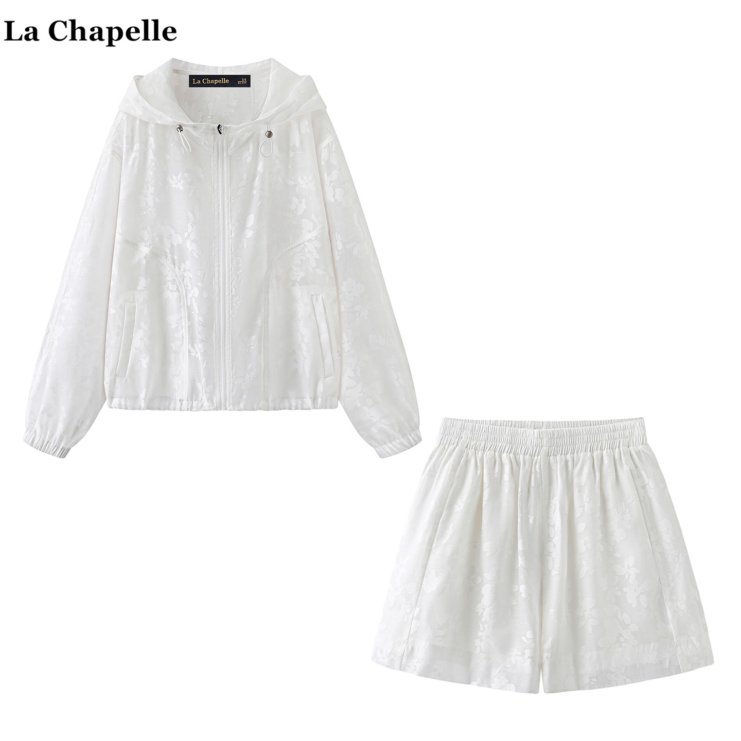 拉夏贝尔/La Chapelle春夏款连帽刺绣轻薄防晒外套高腰短裤套装女图片