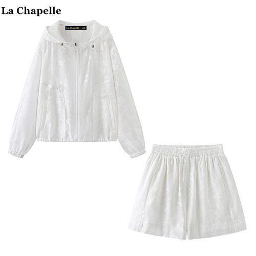 拉夏贝尔/La Chapelle春夏款连帽刺绣轻薄防晒外套高腰短裤套装女