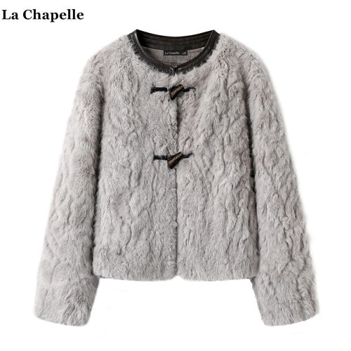 拉夏贝尔/La Chapelle小香风牛角扣毛毛外套女秋冬新款高级感上衣