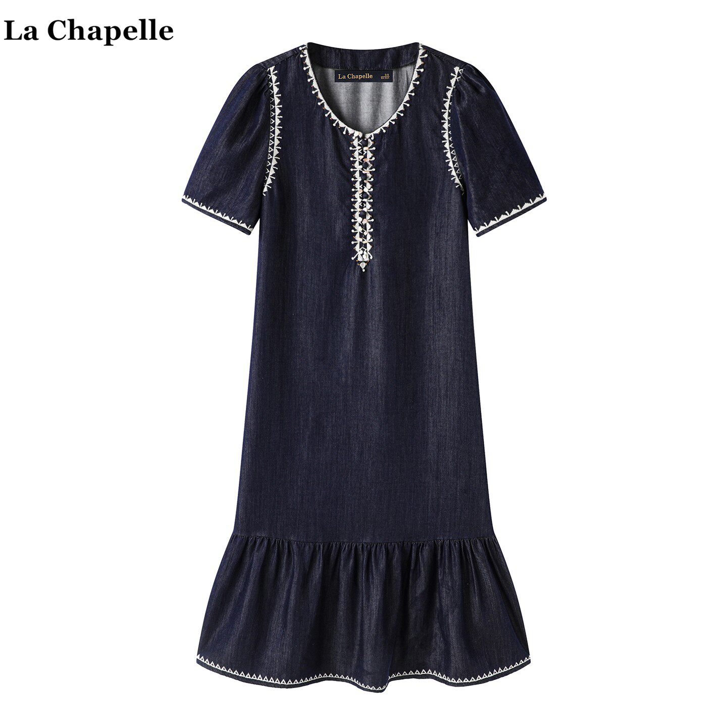 拉夏贝尔/La Chapelle民族风刺绣牛仔连衣裙女法式高级感鱼尾短裙