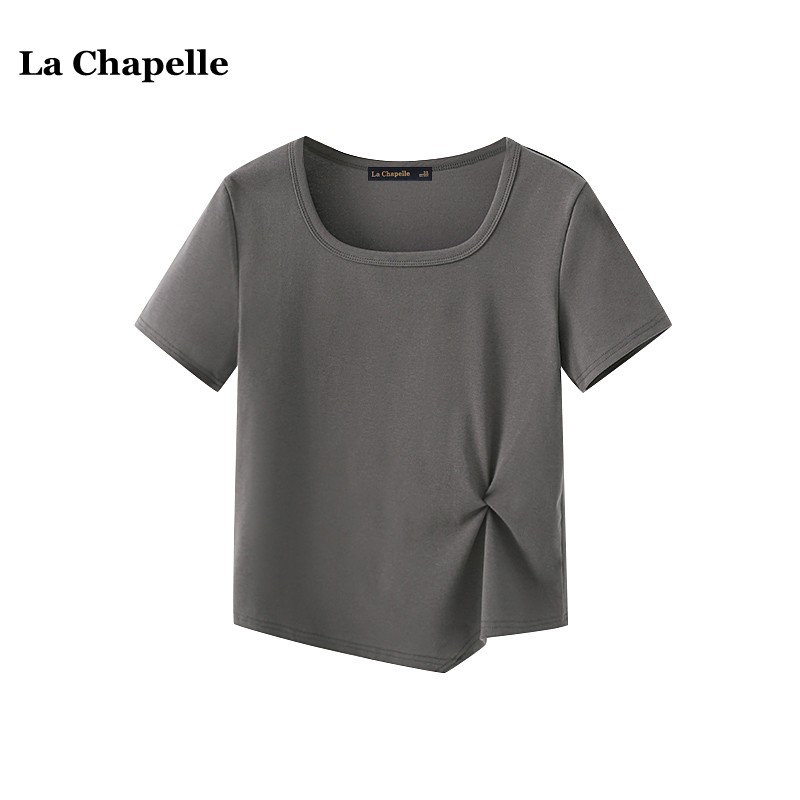 拉夏贝尔/La Chapelle设计感不规则方领T恤女春夏款正肩短袖上衣