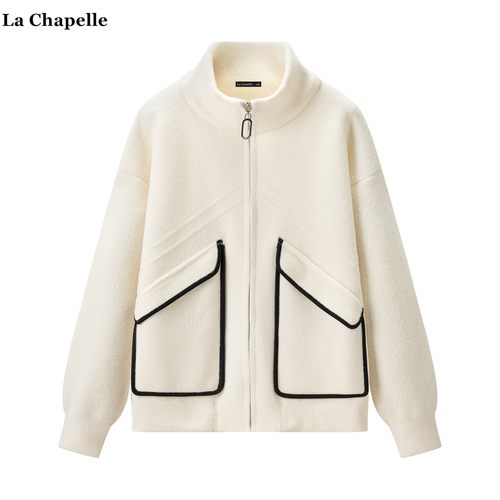 拉夏贝尔/La Chapelle韩版仿水貂毛毛衣外套女秋冬新款立领针织衫