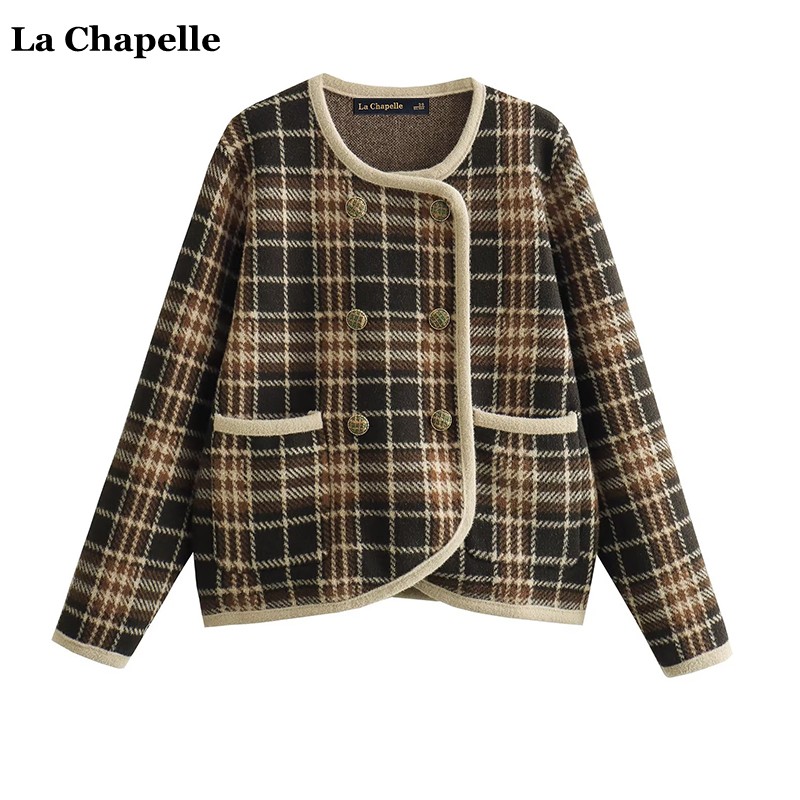 拉夏贝尔/La Chapelle小香风水貂绒格子短外套女秋冬加厚毛衣开衫