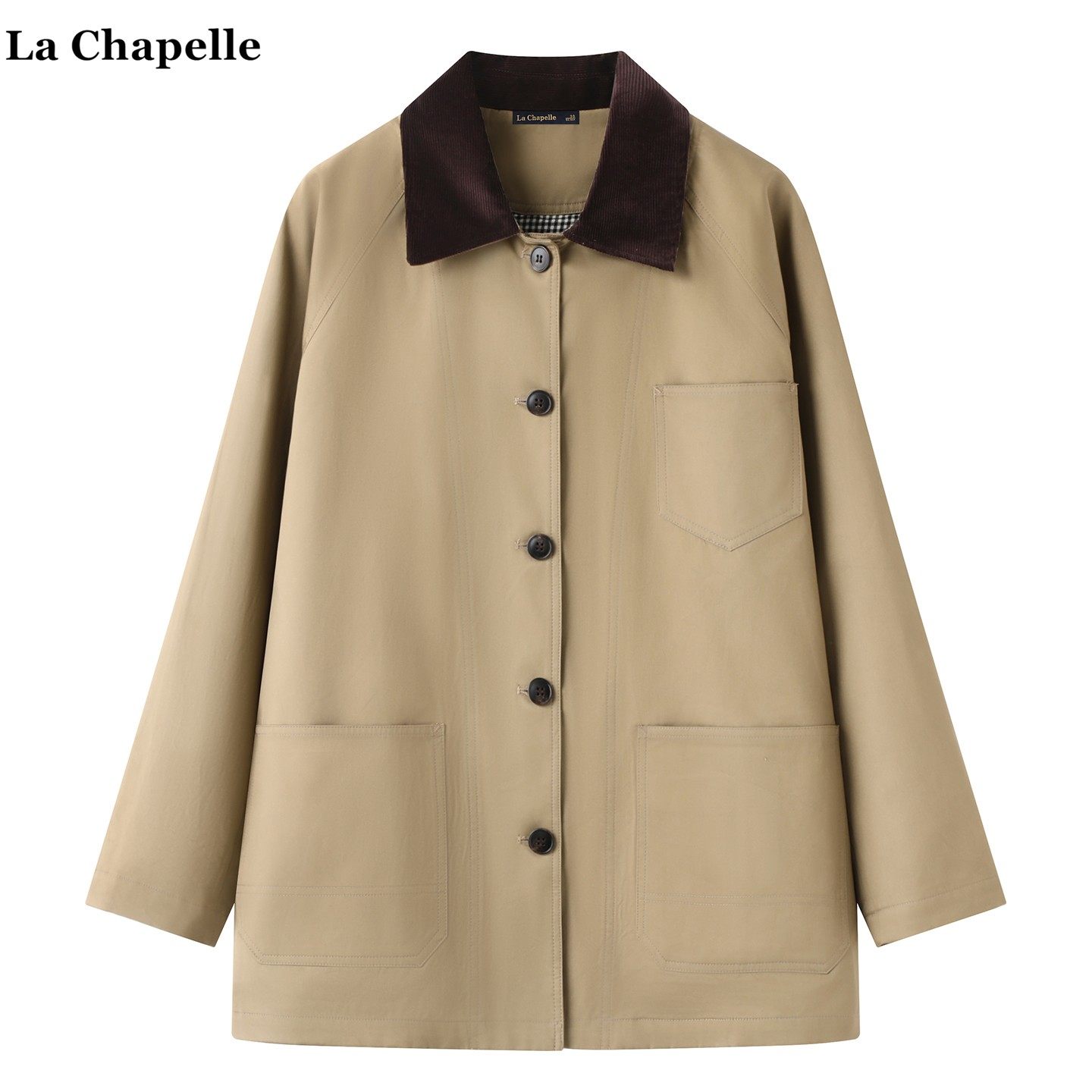 拉夏贝尔/La Chapelle高级感撞色翻领风衣外套女秋新款巴恩风上衣