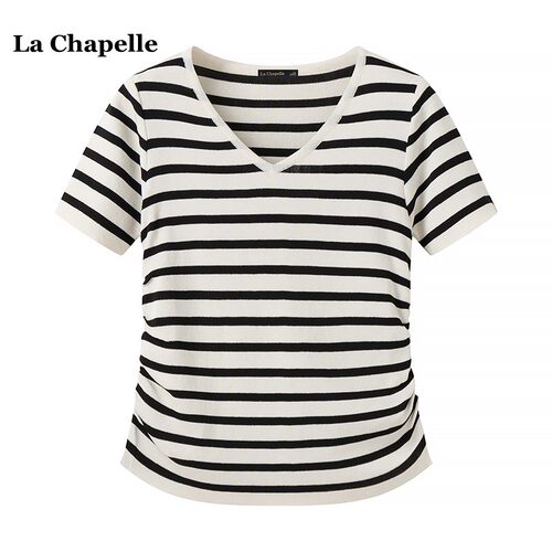 拉夏贝尔/La Chapelle夏季条纹V领正肩短袖针织T恤女修身褶皱上衣