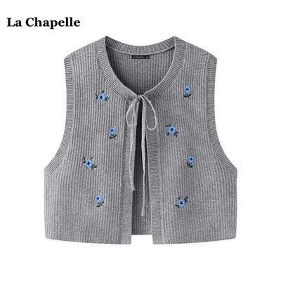 拉夏贝尔/La Chapelle刺绣花朵针织背心女春季小香风叠穿系带开衫