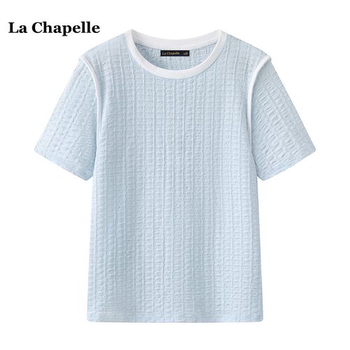拉夏贝尔/La Chapelle肌理感撞色正肩短袖T恤女夏季新款宽松上衣