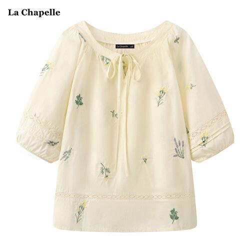 拉夏贝尔/La Chapelle刺绣碎花短袖衬衫女夏季设计感宽松系带小衫