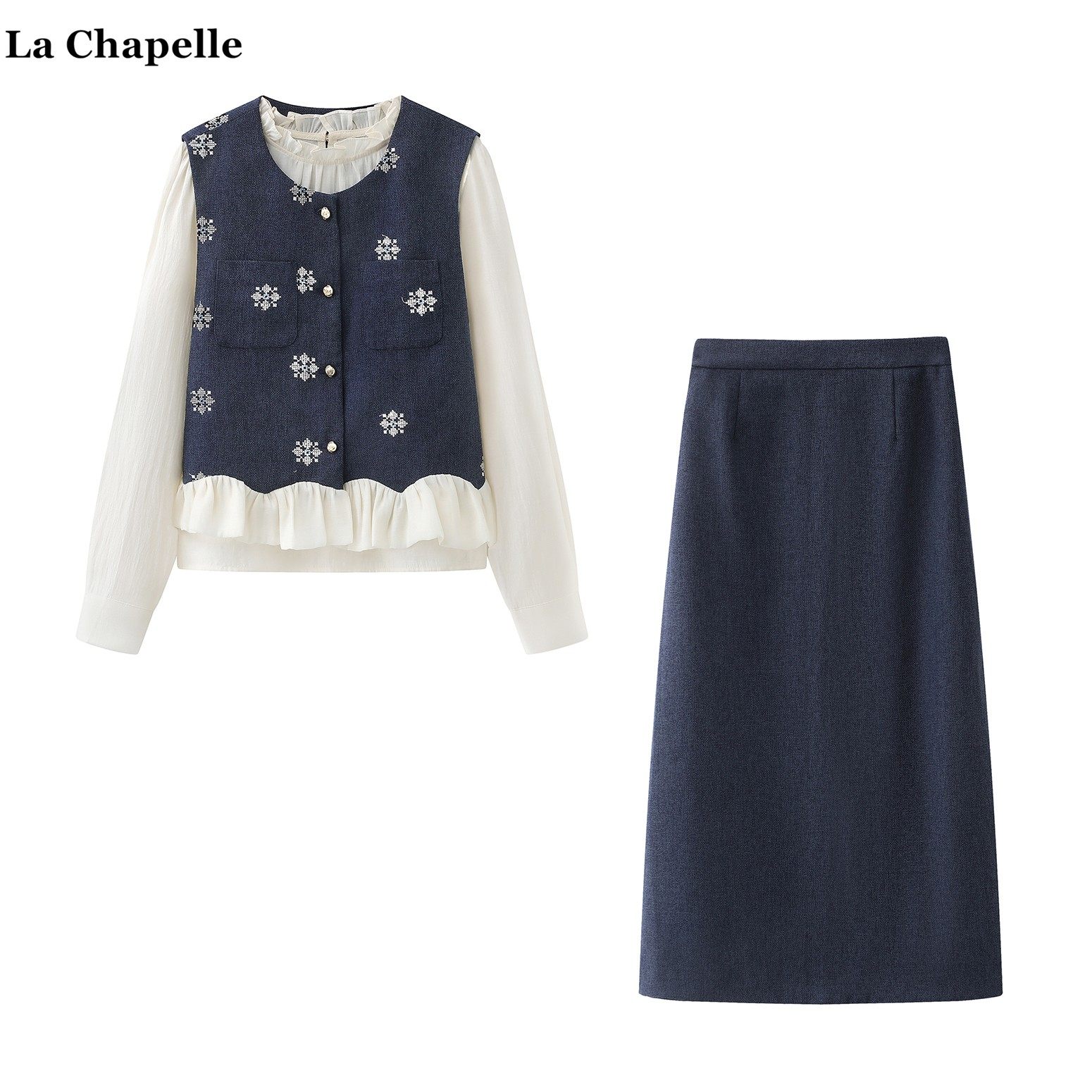 拉夏贝尔/La Chapelle2026春季小香风刺绣马甲半身裙优雅三件套女,女装/女士精品,时尚套装,淘宝优惠券,粉丝福利购,淘宝优惠卷