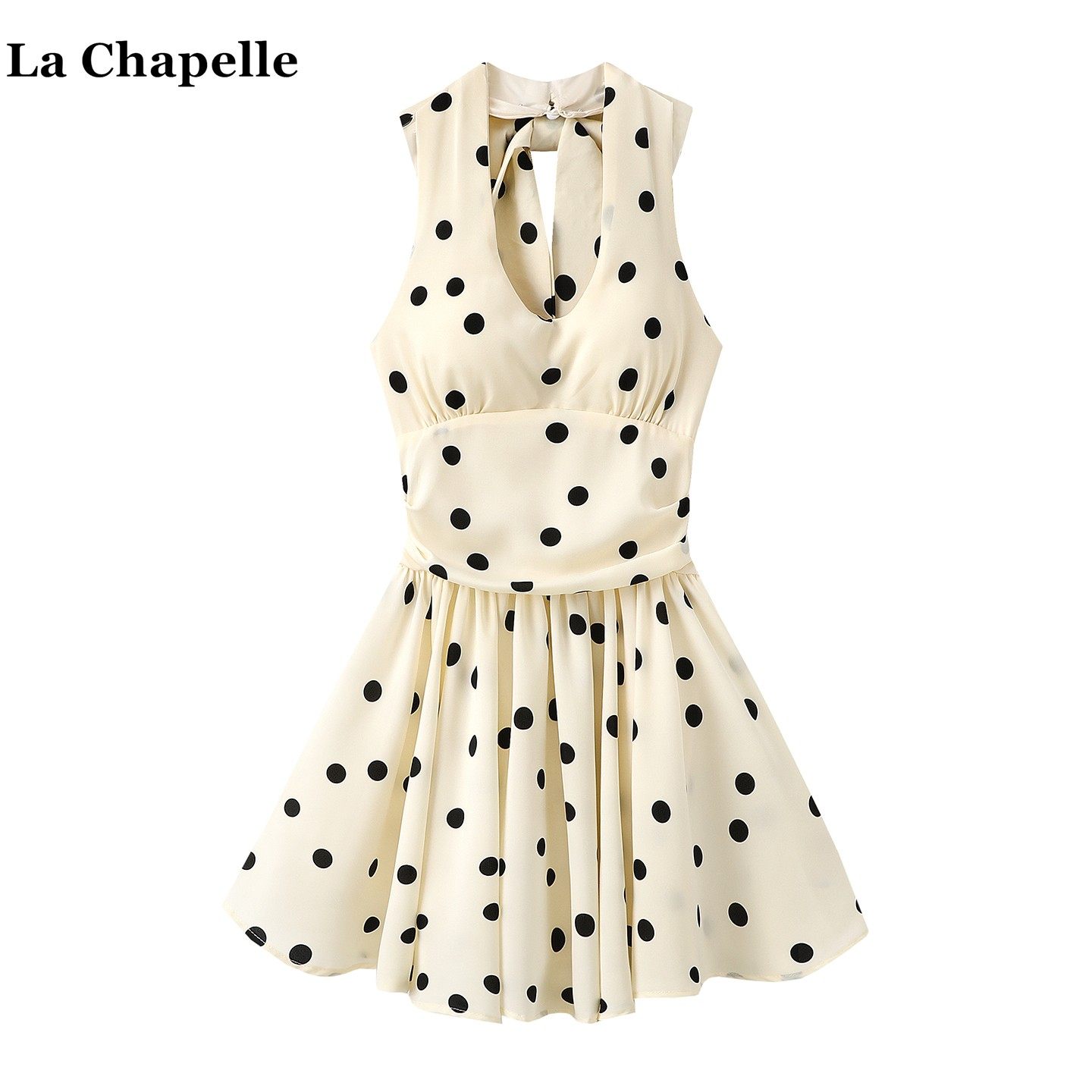 拉夏贝尔/La Chapelle法式波点挂脖连衣裙女夏季高级感带胸垫短裙,女装/女士精品,连衣裙,淘宝优惠券,粉丝福利购,淘宝优惠卷