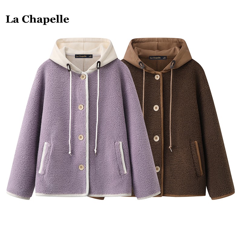 拉夏贝尔/La Chapelle冬季新款撞色连帽羊羔毛外套女长袖开衫上衣