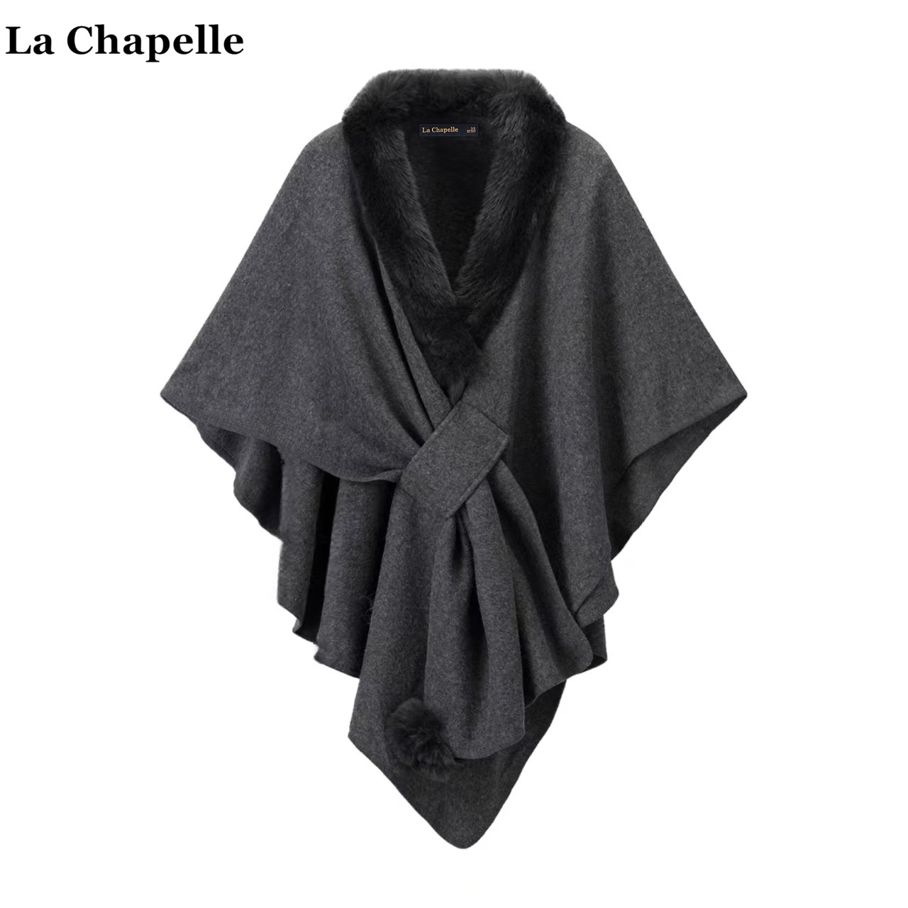 拉夏贝尔/La Chapelle高级感毛领斗篷披肩女冬季新款外搭针织开衫