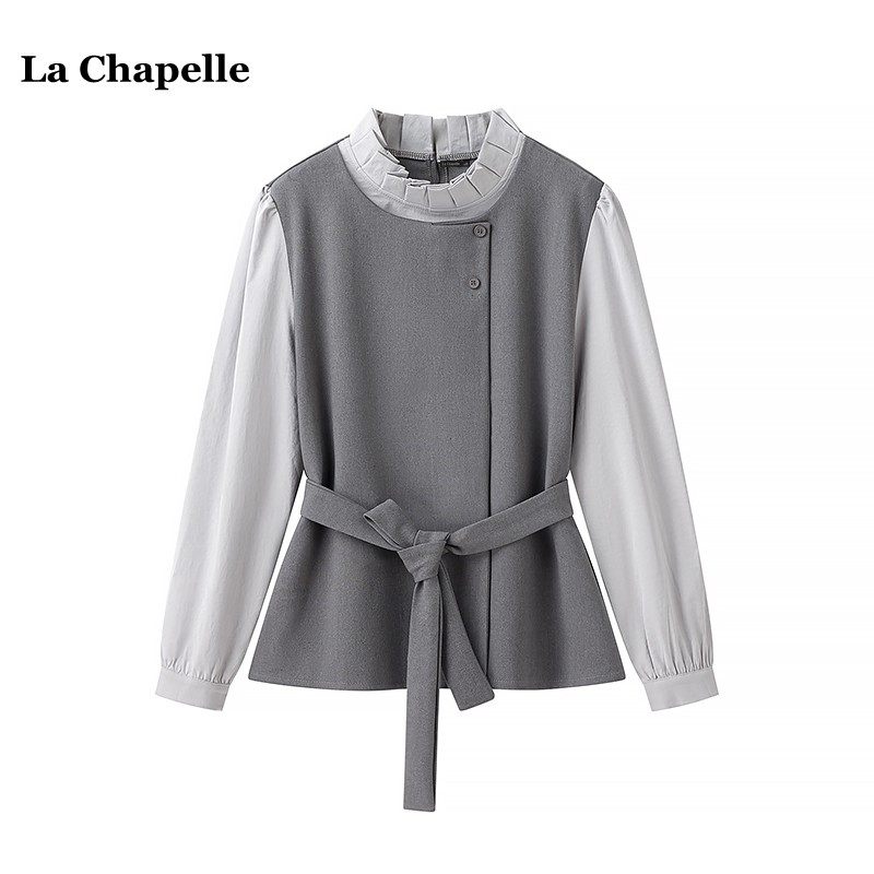 拉夏贝尔/La Chapelle法式收腰假俩件衬衫女春季设计感木耳边上衣